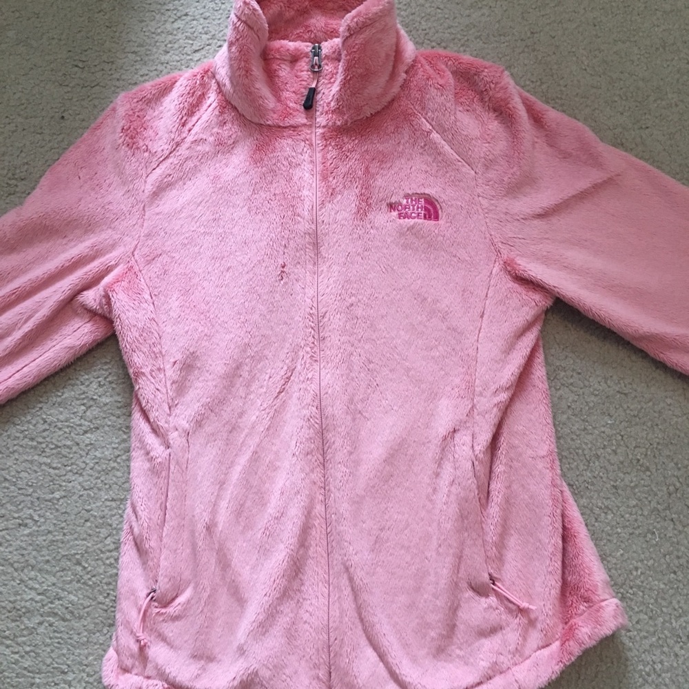 Hot pink fuzzy north face zip up sweatshirt